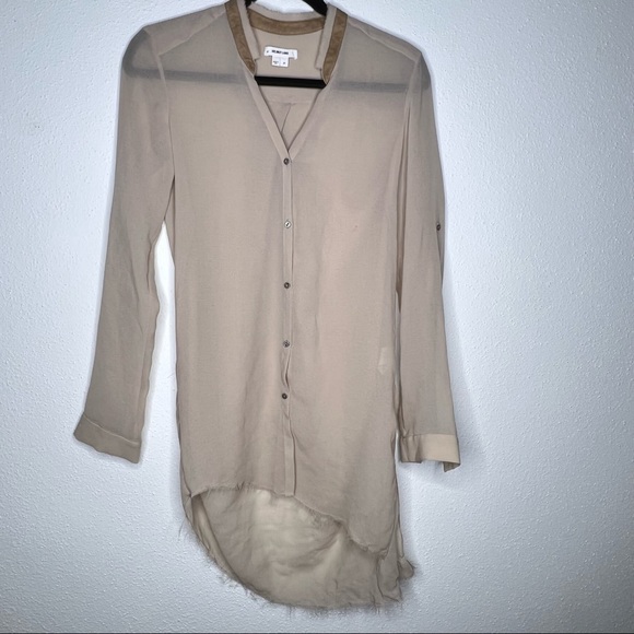 Helmut Lang Tops - Helmut Lang Tan Sheer Asymmetrical Button Down Blouse Small